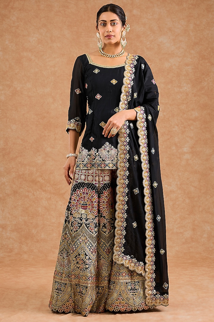 Black Viscose Chinon Chiffon Sequin Embroidered Wedding Sharara Set by Milu Madan at Pernia's Pop Up Shop
