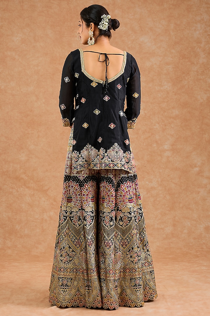 Black Viscose Chinon Chiffon Sequin Embroidered Wedding Sharara Set by Milu Madan at Pernia's Pop Up Shop