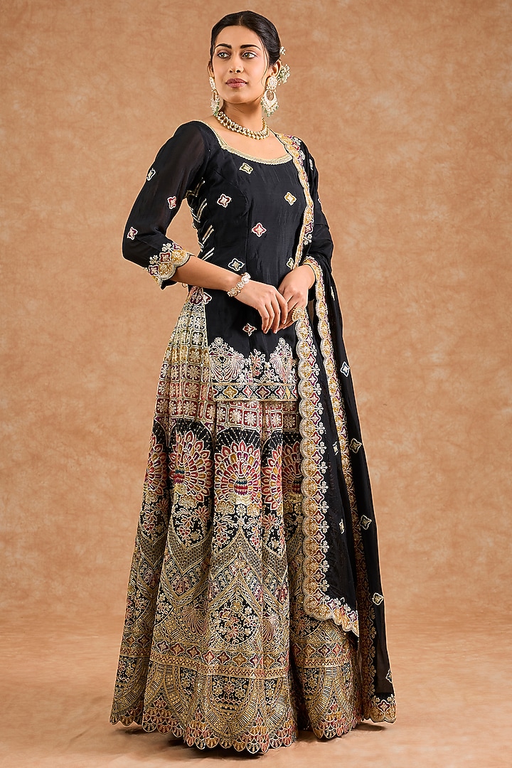Black Viscose Chinon Chiffon Sequin Embroidered Wedding Sharara Set by Milu Madan at Pernia's Pop Up Shop