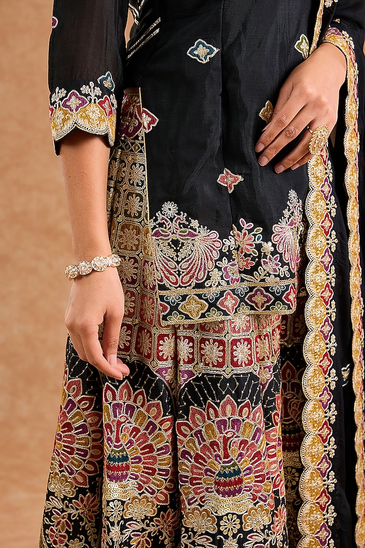 Black Viscose Chinon Chiffon Sequin Embroidered Wedding Sharara Set by Milu Madan at Pernia's Pop Up Shop