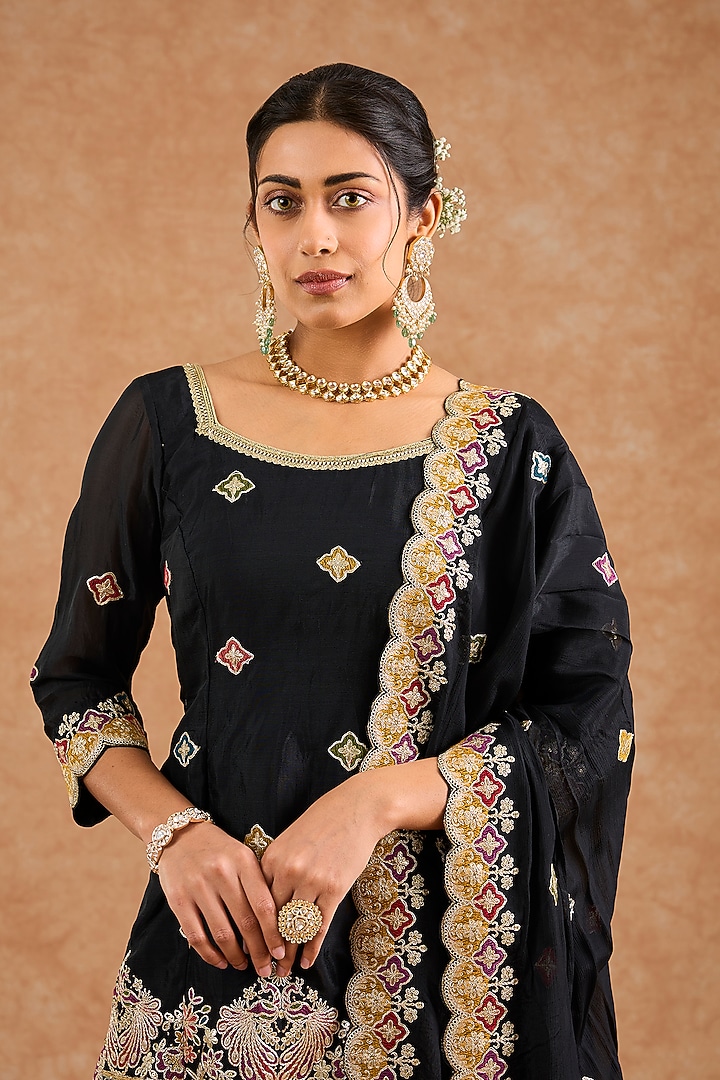 Black Viscose Chinon Chiffon Sequin Embroidered Wedding Sharara Set by Milu Madan at Pernia's Pop Up Shop