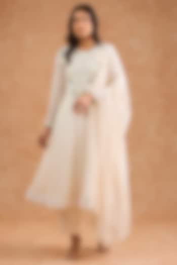 Ivory Georgette Pearl Embroidered Wedding Anarkali Set by Milu Madan at Pernia's Pop Up Shop