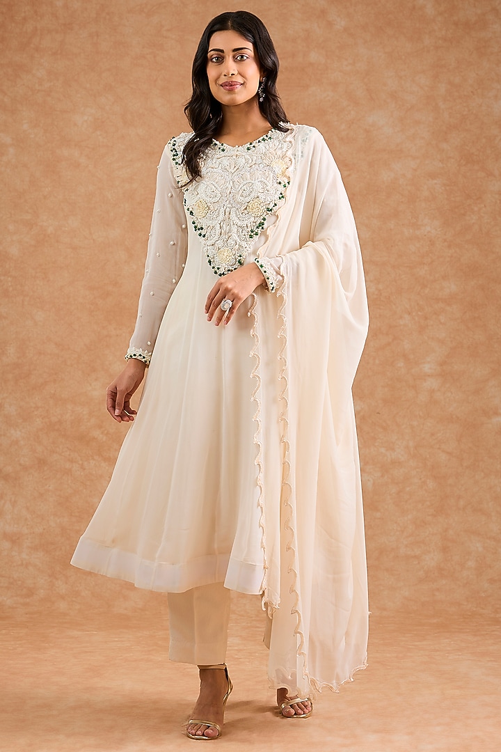 Ivory Georgette Pearl Embroidered Wedding Anarkali Set by Milu Madan at Pernia's Pop Up Shop