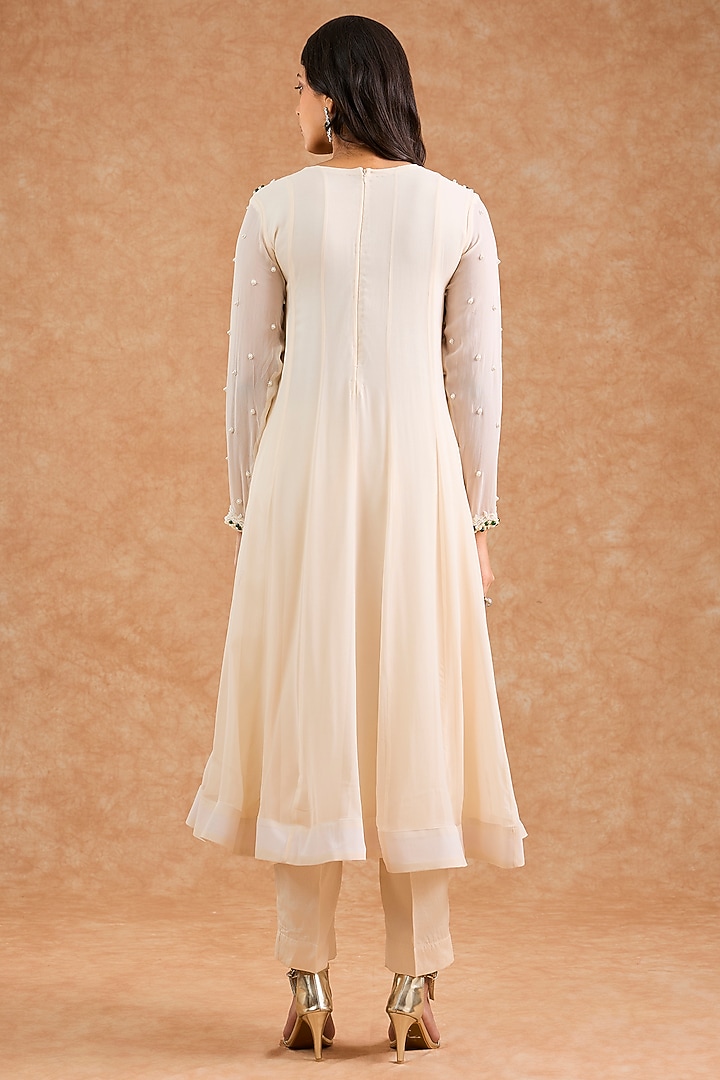 Ivory Georgette Pearl Embroidered Wedding Anarkali Set by Milu Madan at Pernia's Pop Up Shop