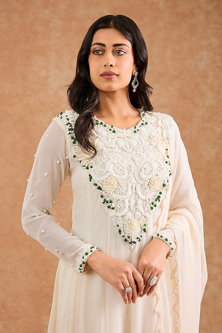 Ivory Georgette Pearl Embroidered Wedding Anarkali Set by Milu Madan at Pernia's Pop Up Shop