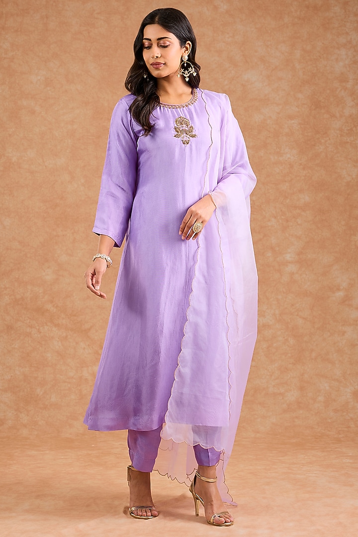 Purple Viscose Silk Hand Embroidered Kurta Set by Milu Madan at Pernia's Pop Up Shop