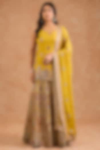 Yellow Viscose Chinon Chiffon Sequin Embroidered Wedding Sharara Set by Milu Madan at Pernia's Pop Up Shop
