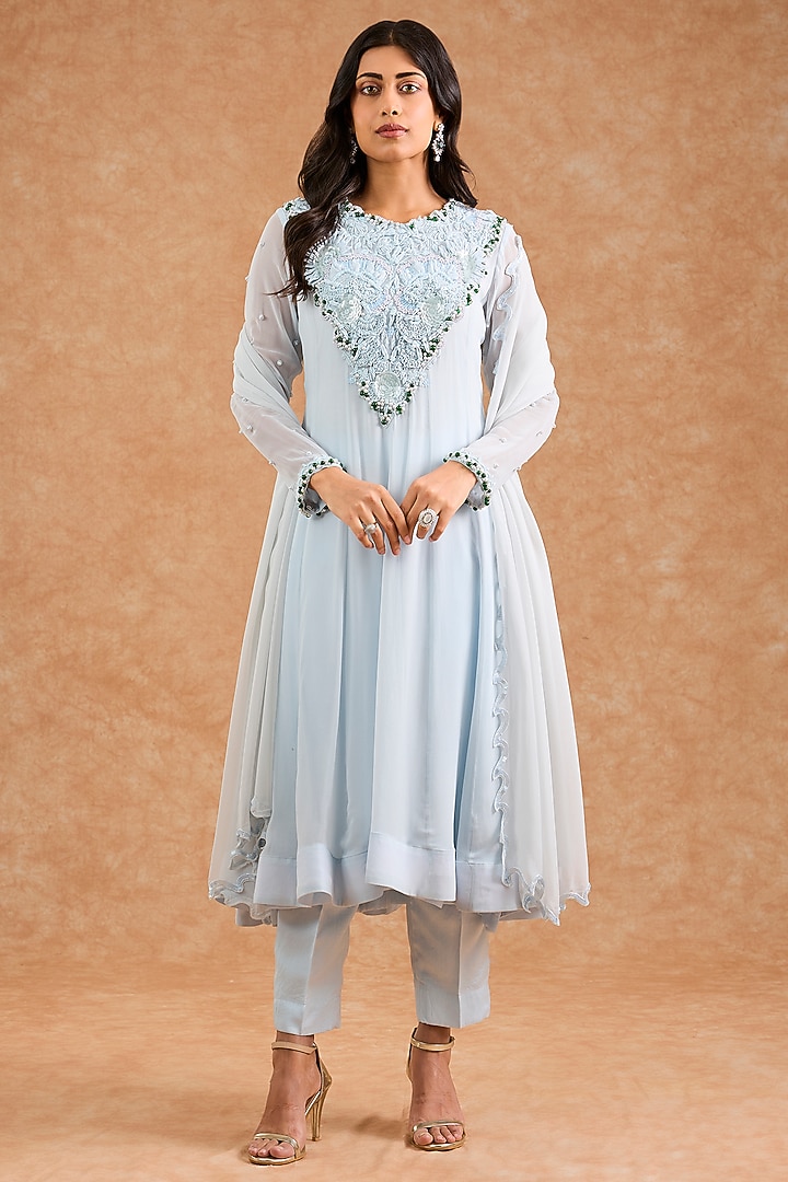 Light Blue Georgette Pearl Embroidered Wedding Anarkali Set by Milu Madan at Pernia's Pop Up Shop