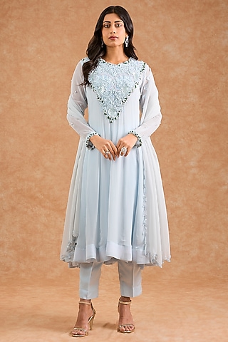 Light Blue Georgette Pearl Embroidered Anarkali Set by Milu Madan