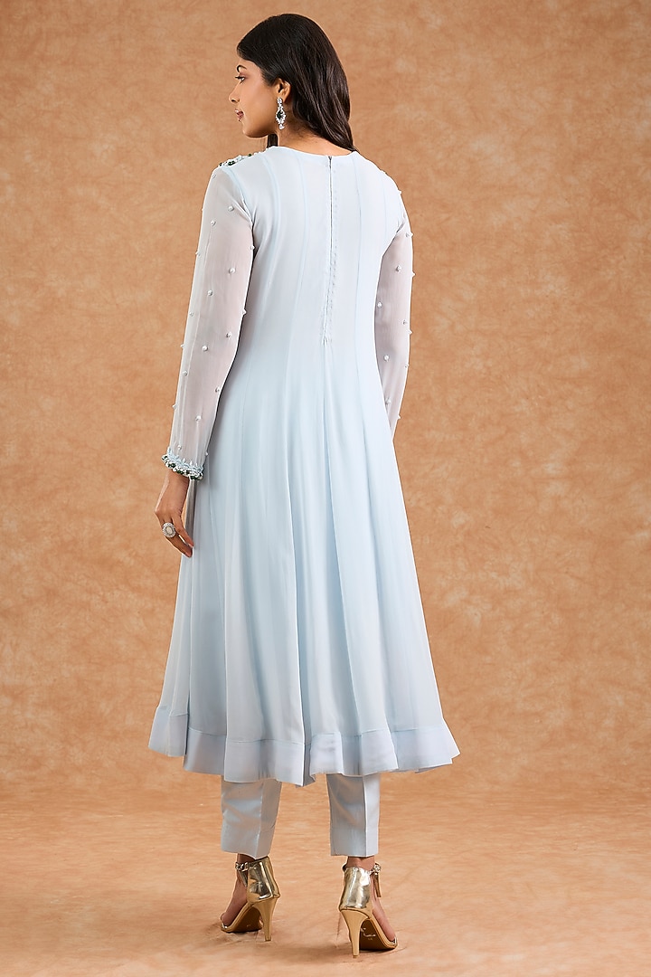 Light Blue Georgette Pearl Embroidered Wedding Anarkali Set by Milu Madan at Pernia's Pop Up Shop