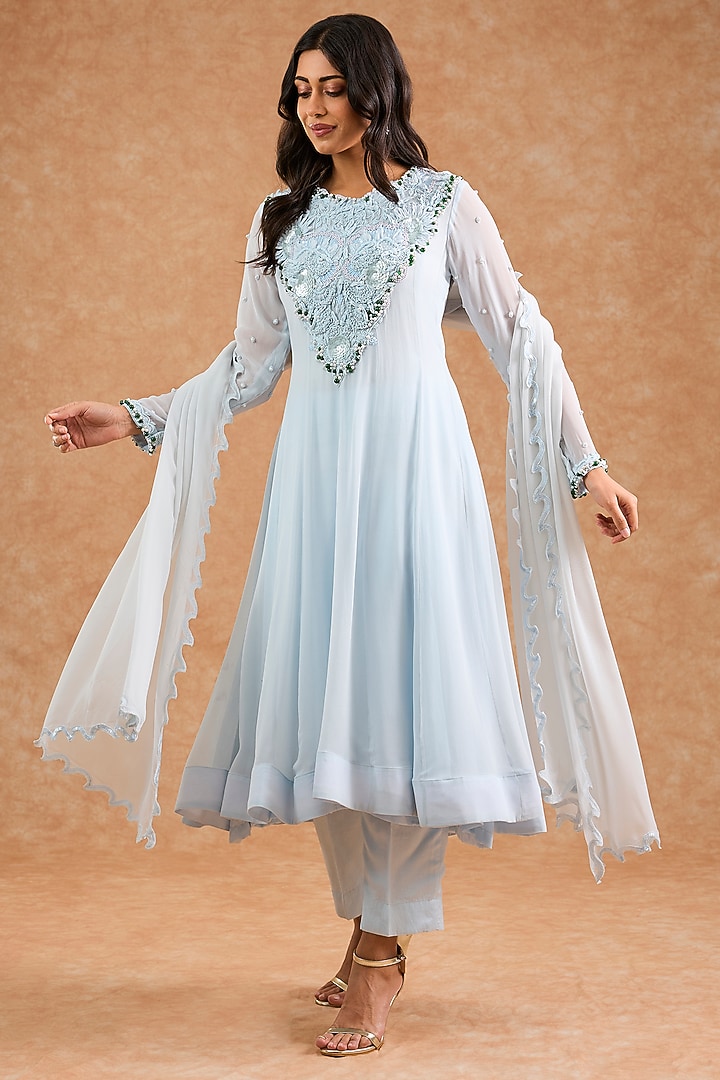 Light Blue Georgette Pearl Embroidered Wedding Anarkali Set by Milu Madan at Pernia's Pop Up Shop