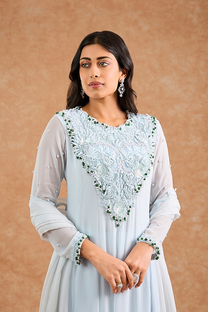 Light Blue Georgette Pearl Embroidered Wedding Anarkali Set by Milu Madan at Pernia's Pop Up Shop