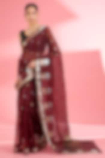 Dark Maroon Kota Doria Silk Zari Festive Saree Set by Milu Madan at Pernia's Pop Up Shop