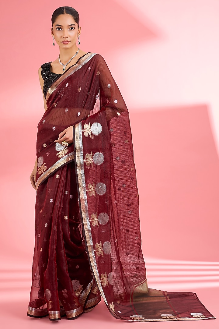 Dark Maroon Kota Doria Silk Zari Festive Saree Set by Milu Madan at Pernia's Pop Up Shop