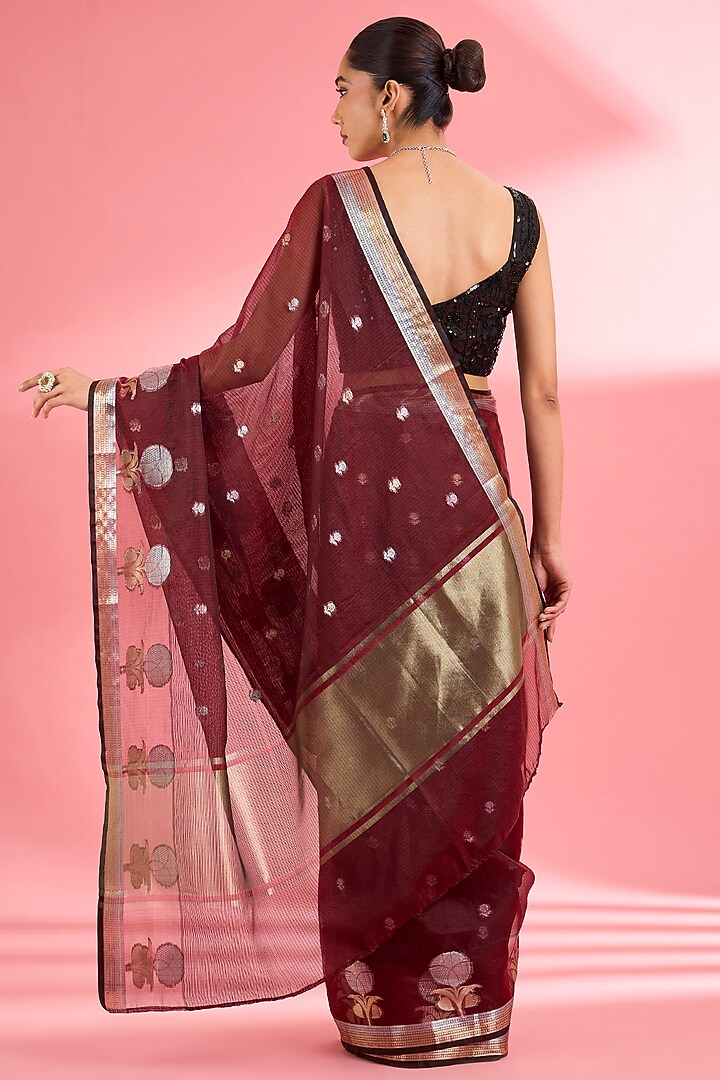 Dark Maroon Kota Doria Silk Zari Festive Saree Set by Milu Madan at Pernia's Pop Up Shop