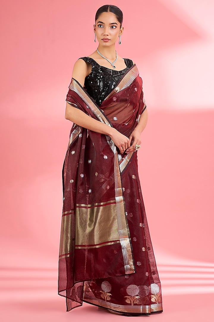 Dark Maroon Kota Doria Silk Zari Festive Saree Set by Milu Madan at Pernia's Pop Up Shop