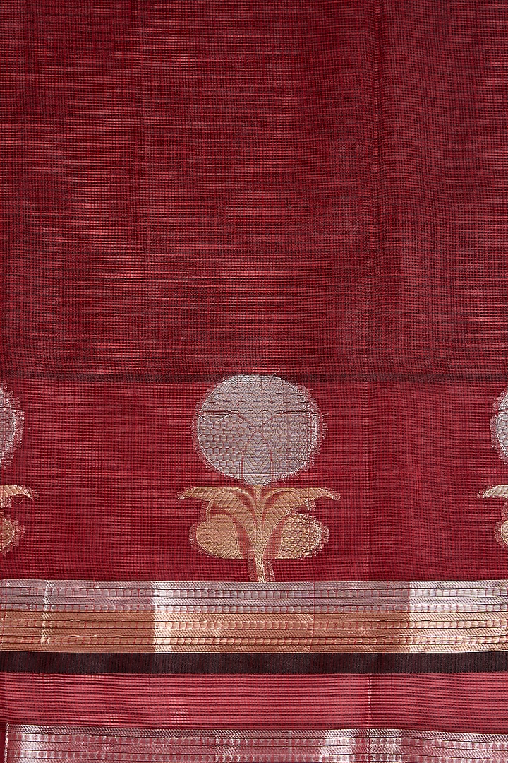 Dark Maroon Kota Doria Silk Zari Festive Saree Set by Milu Madan at Pernia's Pop Up Shop