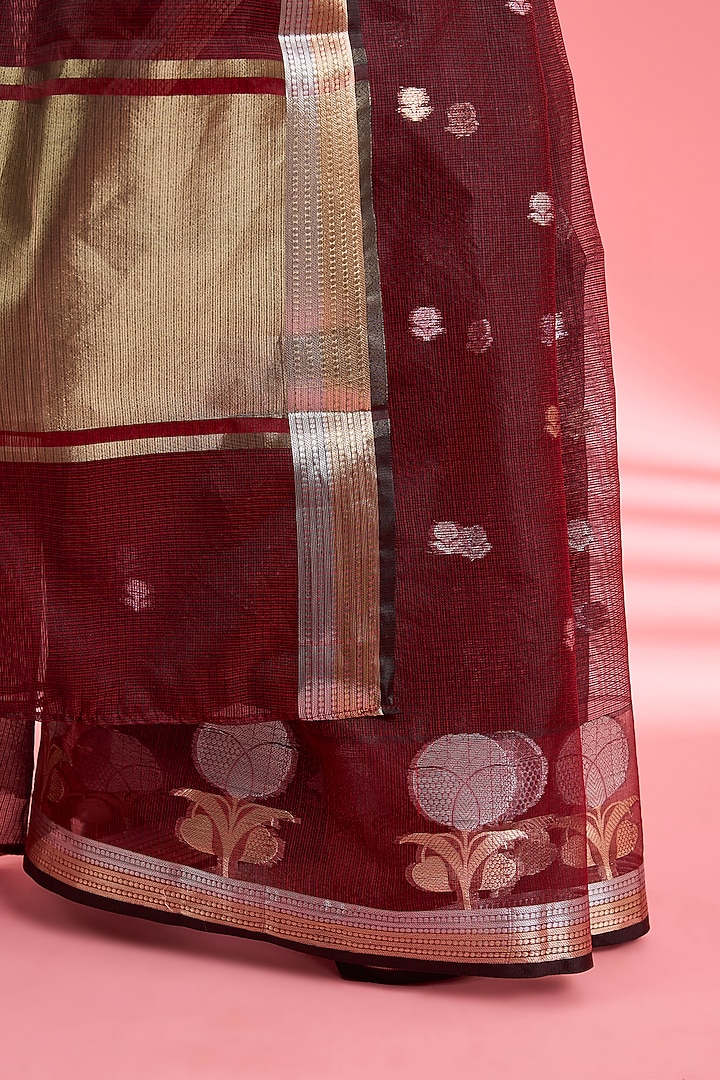 Dark Maroon Kota Doria Silk Zari Festive Saree Set by Milu Madan at Pernia's Pop Up Shop