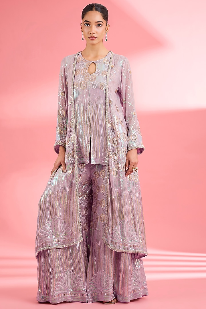 Dull Pink Georgette Party Wear Sharara Set by Milu Madan at Pernia's Pop Up Shop