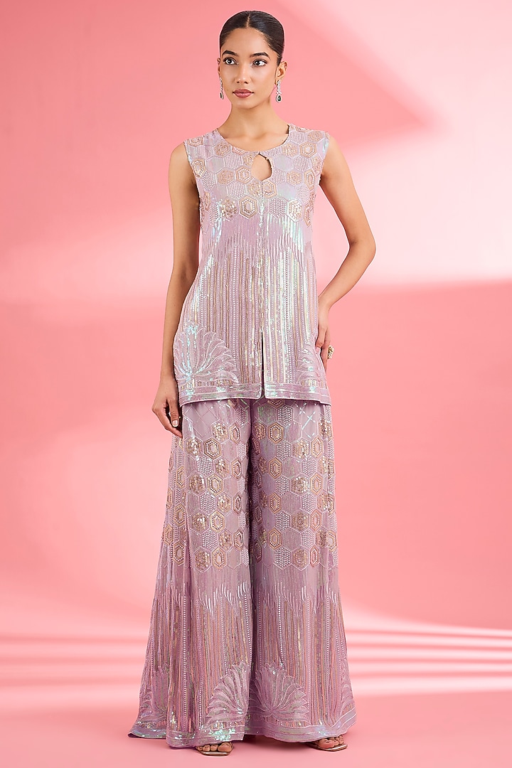 Dull Pink Georgette Party Wear Sharara Set by Milu Madan at Pernia's Pop Up Shop