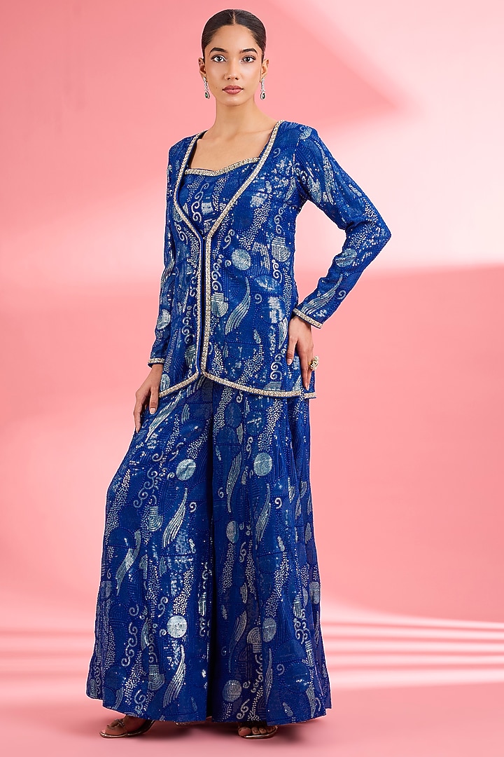 Royal Blue Georgette Party Wear Sharara Set by Milu Madan at Pernia's Pop Up Shop