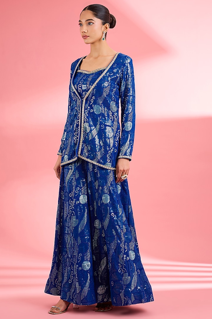 Royal Blue Georgette Party Wear Sharara Set by Milu Madan at Pernia's Pop Up Shop