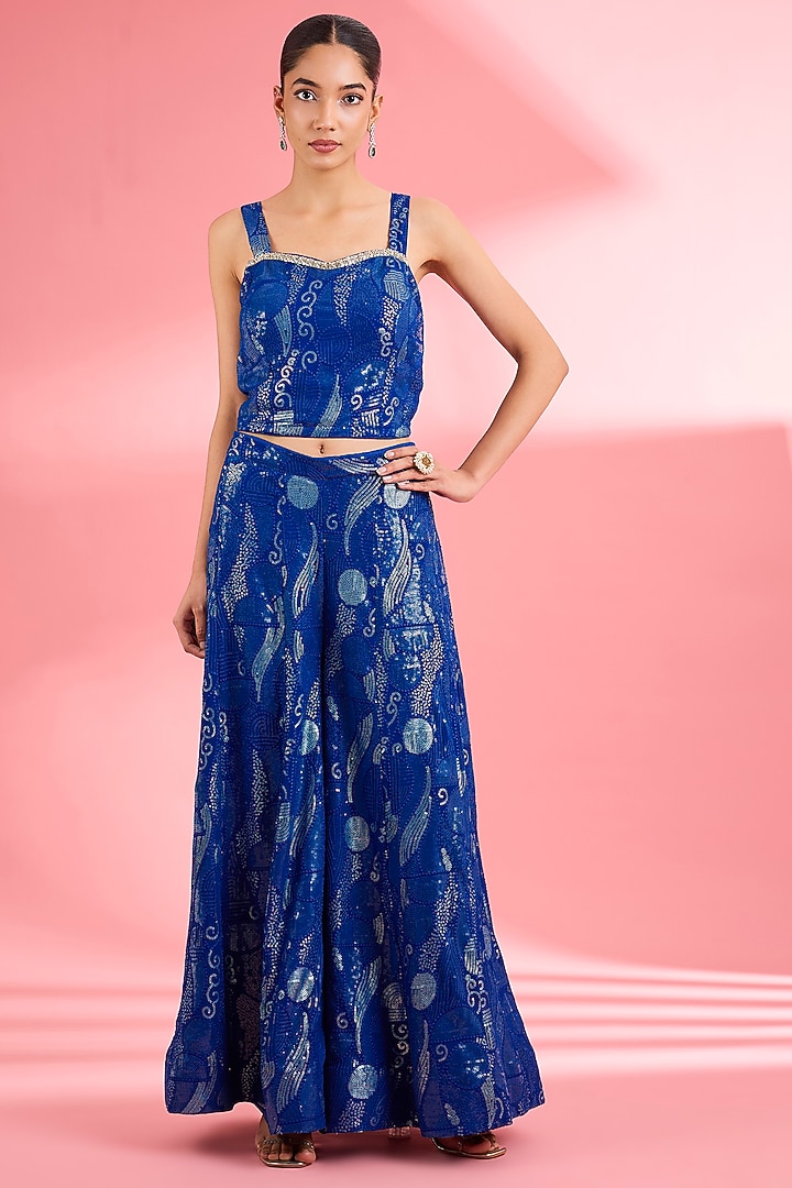 Royal Blue Georgette Party Wear Sharara Set by Milu Madan at Pernia's Pop Up Shop