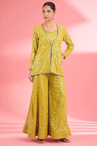 Lime Green Georgette Sharara Set by Milu Madan
