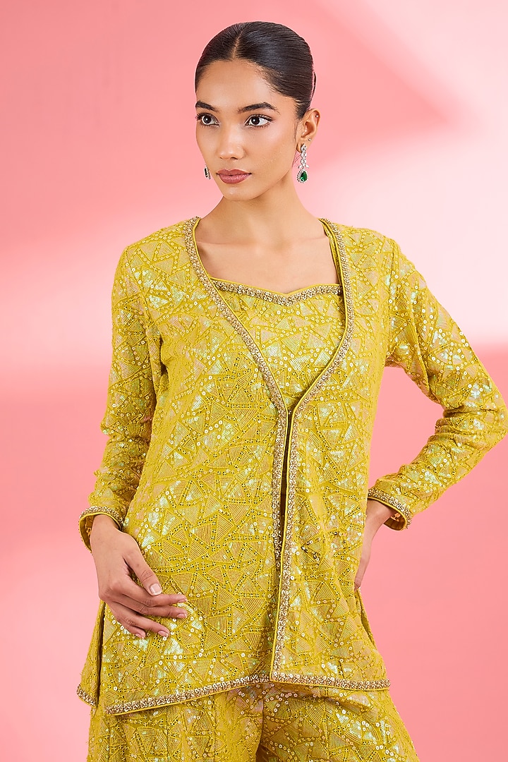 Lime Green Georgette Party Wear Sharara Set by Milu Madan at Pernia's Pop Up Shop