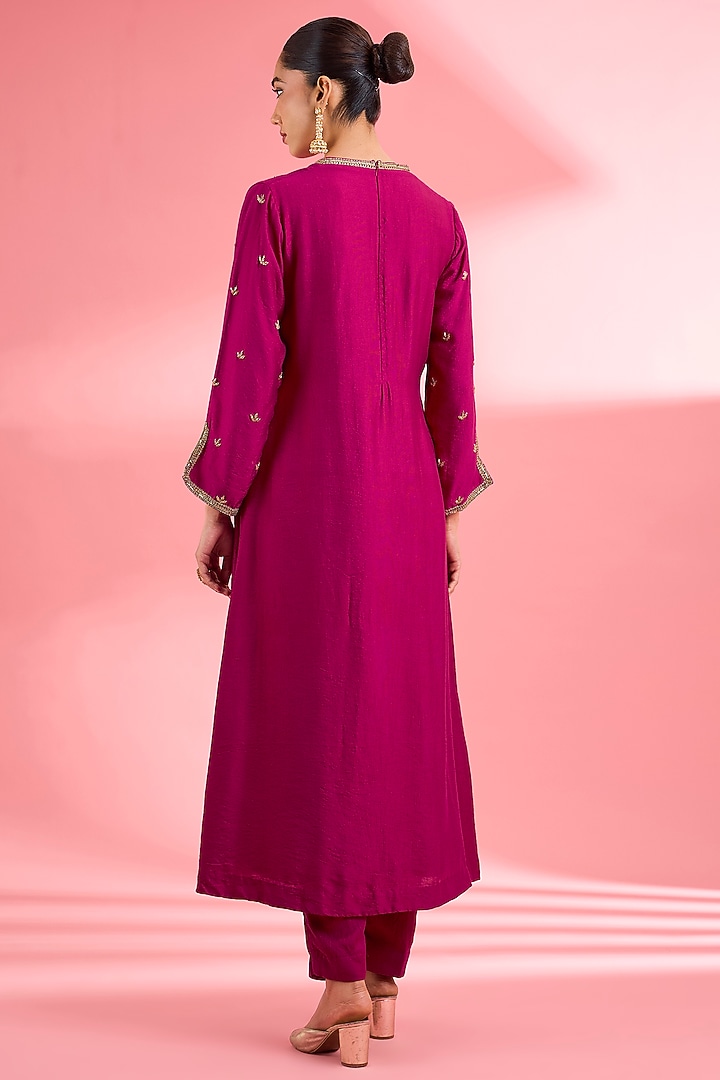 Fuchsia Katan Silk Dabka Embroidered A-Line Kurta Set by Milu Madan at Pernia's Pop Up Shop