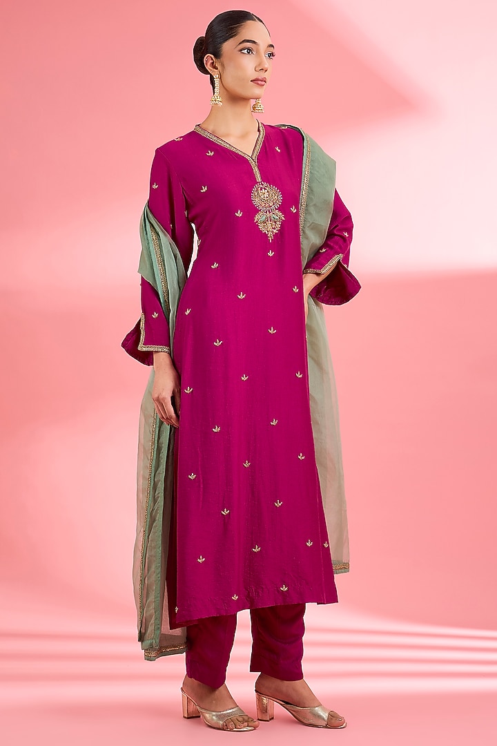 Fuchsia Katan Silk Dabka Embroidered A-Line Kurta Set by Milu Madan at Pernia's Pop Up Shop