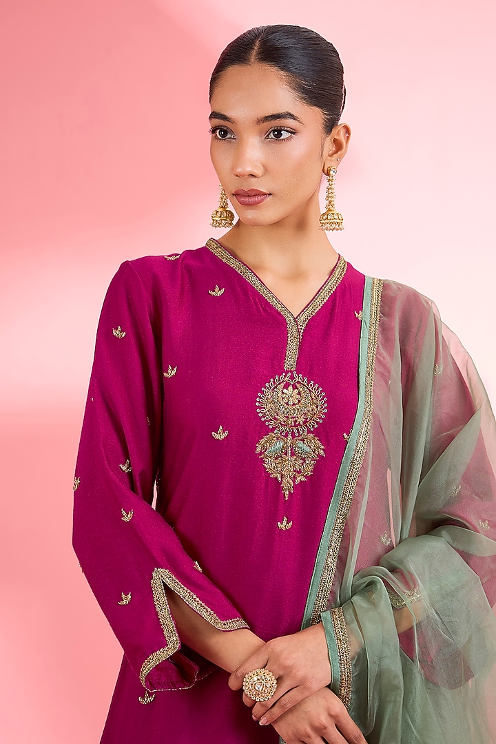 Fuchsia Katan Silk Dabka Embroidered A-Line Kurta Set by Milu Madan at Pernia's Pop Up Shop