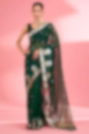 Dark Green Kota Doria Silk Zari Festive Saree Set by Milu Madan at Pernia's Pop Up Shop