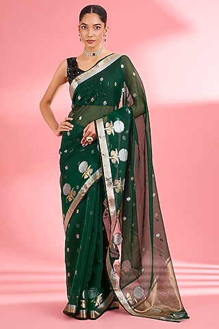 Dark Green Kota Doria Silk Zari Saree Set by Milu Madan