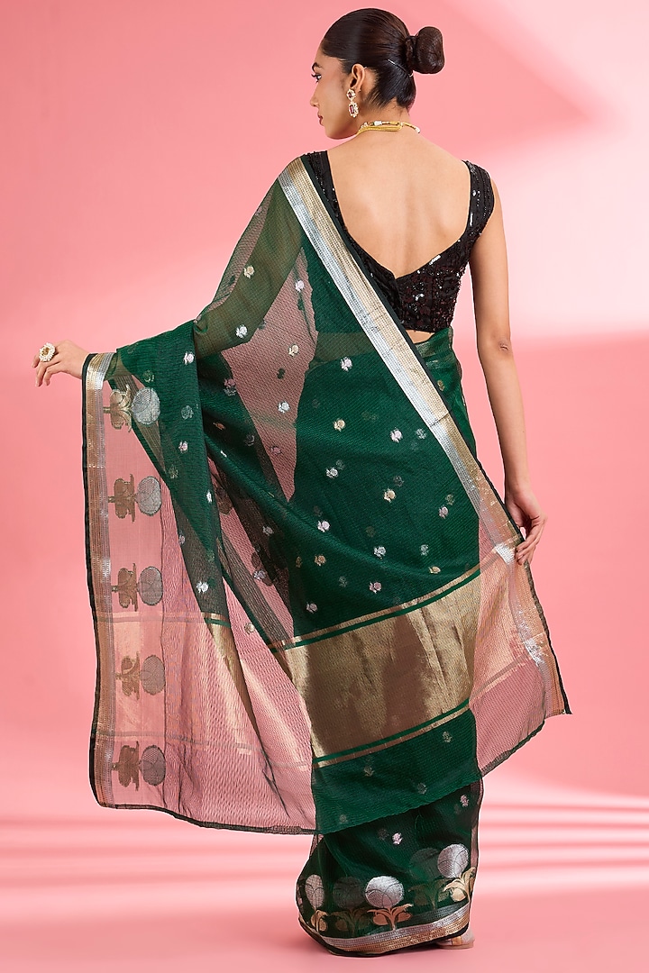 Dark Green Kota Doria Silk Zari Festive Saree Set by Milu Madan at Pernia's Pop Up Shop