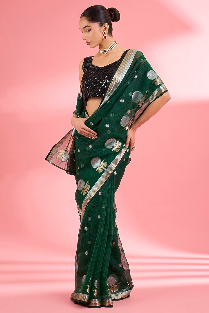 Dark Green Kota Doria Silk Zari Festive Saree Set by Milu Madan at Pernia's Pop Up Shop