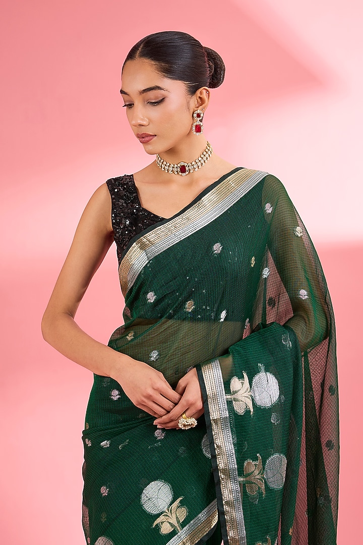 Dark Green Kota Doria Silk Zari Festive Saree Set by Milu Madan at Pernia's Pop Up Shop