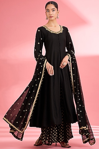 Black Katan Silk Sequins Embroidered Anarkali Set by Milu Madan