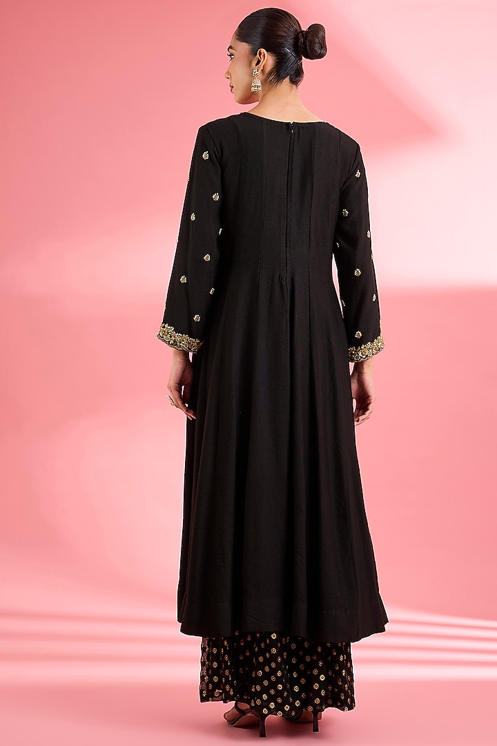 Black Katan Silk Sequins Embroidered Party Wear Anarkali Set by Milu Madan at Pernia's Pop Up Shop
