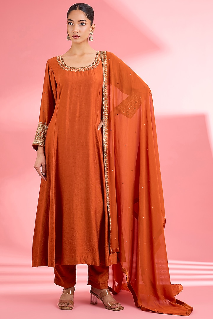 Rust Katan Silk Dabka Embroidered A-Line Kurta Set by Milu Madan at Pernia's Pop Up Shop