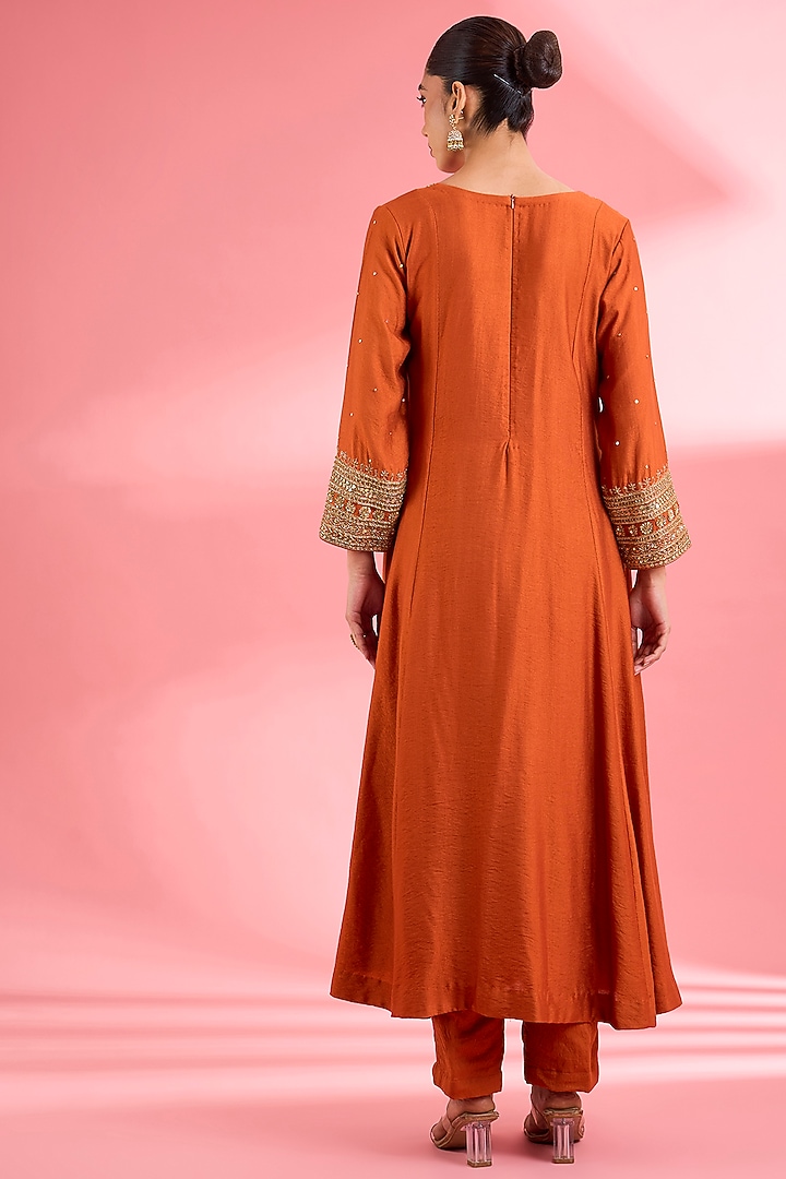 Rust Katan Silk Dabka Embroidered A-Line Kurta Set by Milu Madan at Pernia's Pop Up Shop