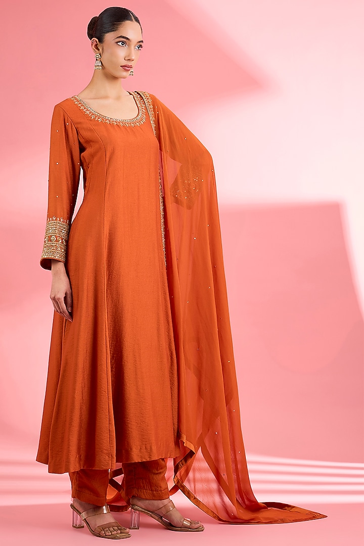 Rust Katan Silk Dabka Embroidered A-Line Kurta Set by Milu Madan at Pernia's Pop Up Shop