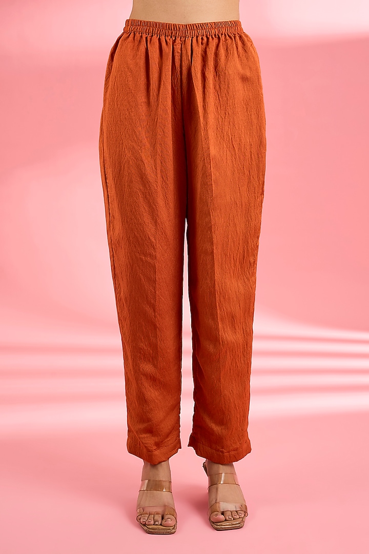 Rust Katan Silk Dabka Embroidered A-Line Kurta Set by Milu Madan at Pernia's Pop Up Shop