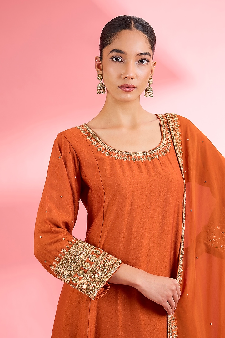 Rust Katan Silk Dabka Embroidered A-Line Kurta Set by Milu Madan at Pernia's Pop Up Shop