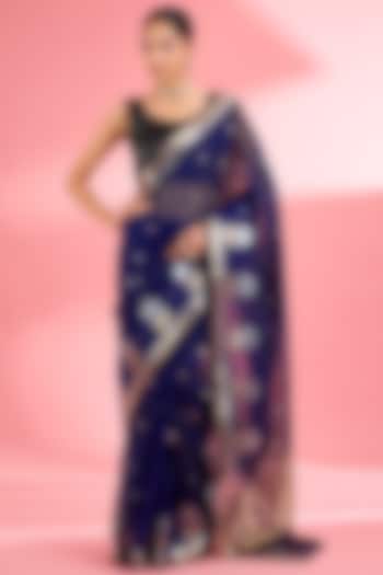 Dark Blue Kota Doria Silk Zari Festive Saree Set by Milu Madan at Pernia's Pop Up Shop