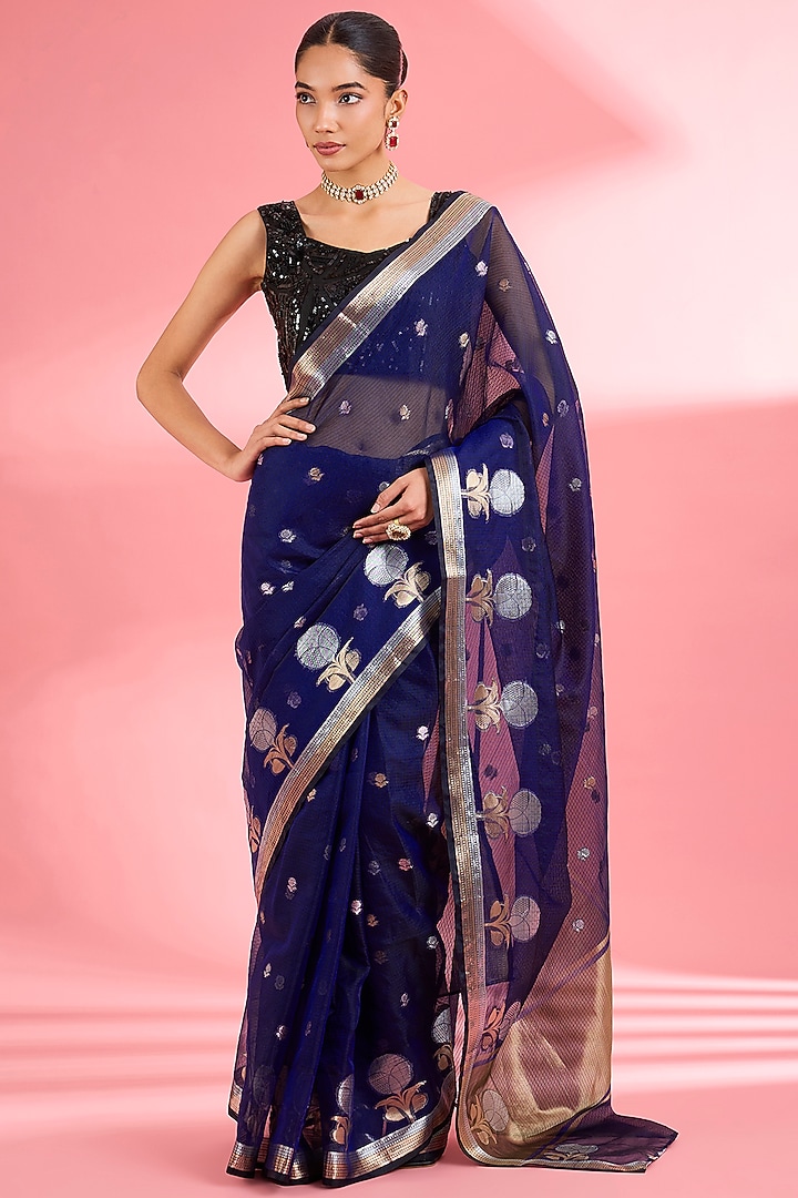 Dark Blue Kota Doria Silk Zari Festive Saree Set by Milu Madan at Pernia's Pop Up Shop