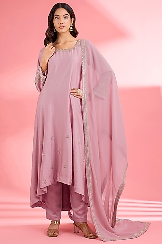 Pink Katan Silk Cutdana Embroidered A-Line Kurta Set by Milu Madan