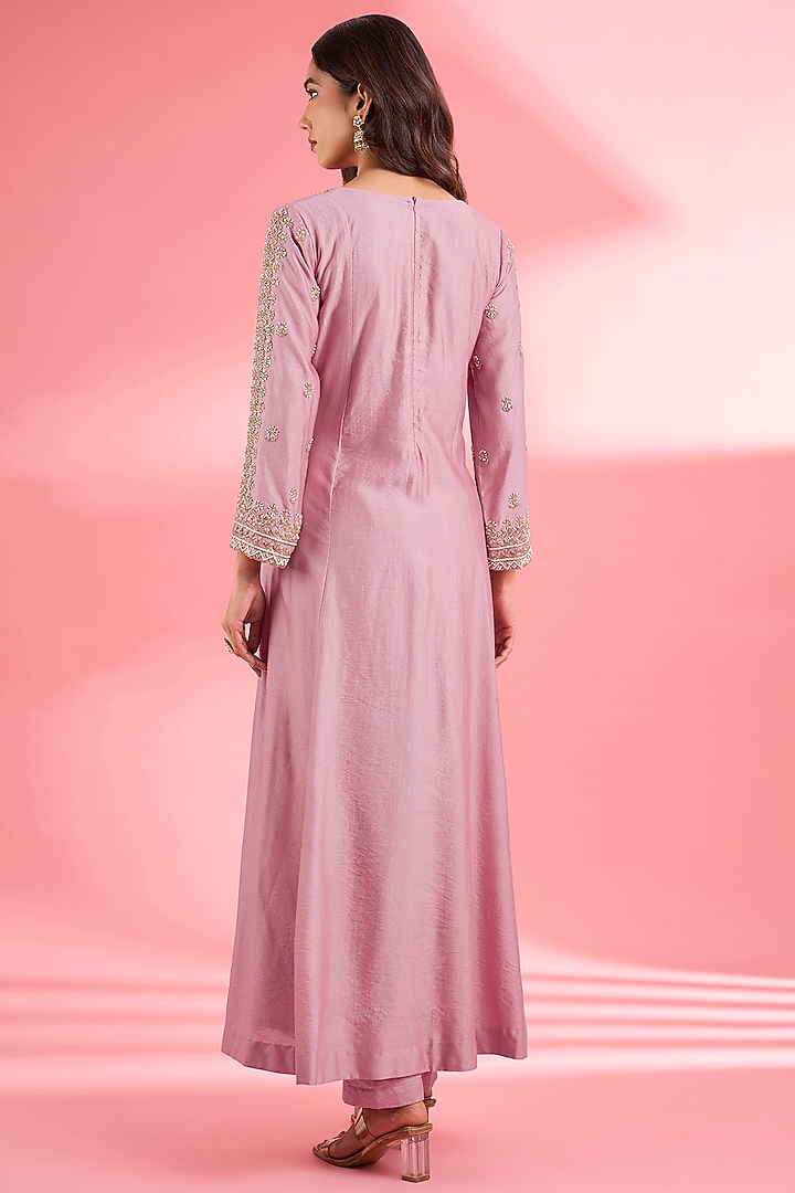 Pink Katan Silk Cutdana Embroidered A-Line Kurta Set by Milu Madan at Pernia's Pop Up Shop