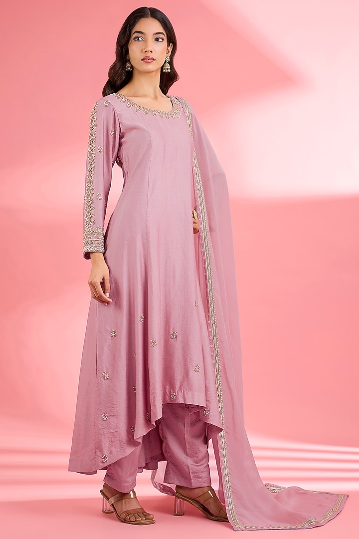 Pink Katan Silk Cutdana Embroidered A-Line Kurta Set by Milu Madan at Pernia's Pop Up Shop
