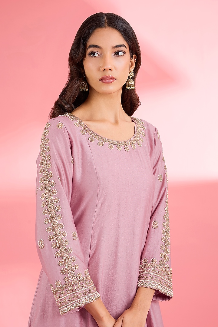 Pink Katan Silk Cutdana Embroidered A-Line Kurta Set by Milu Madan at Pernia's Pop Up Shop